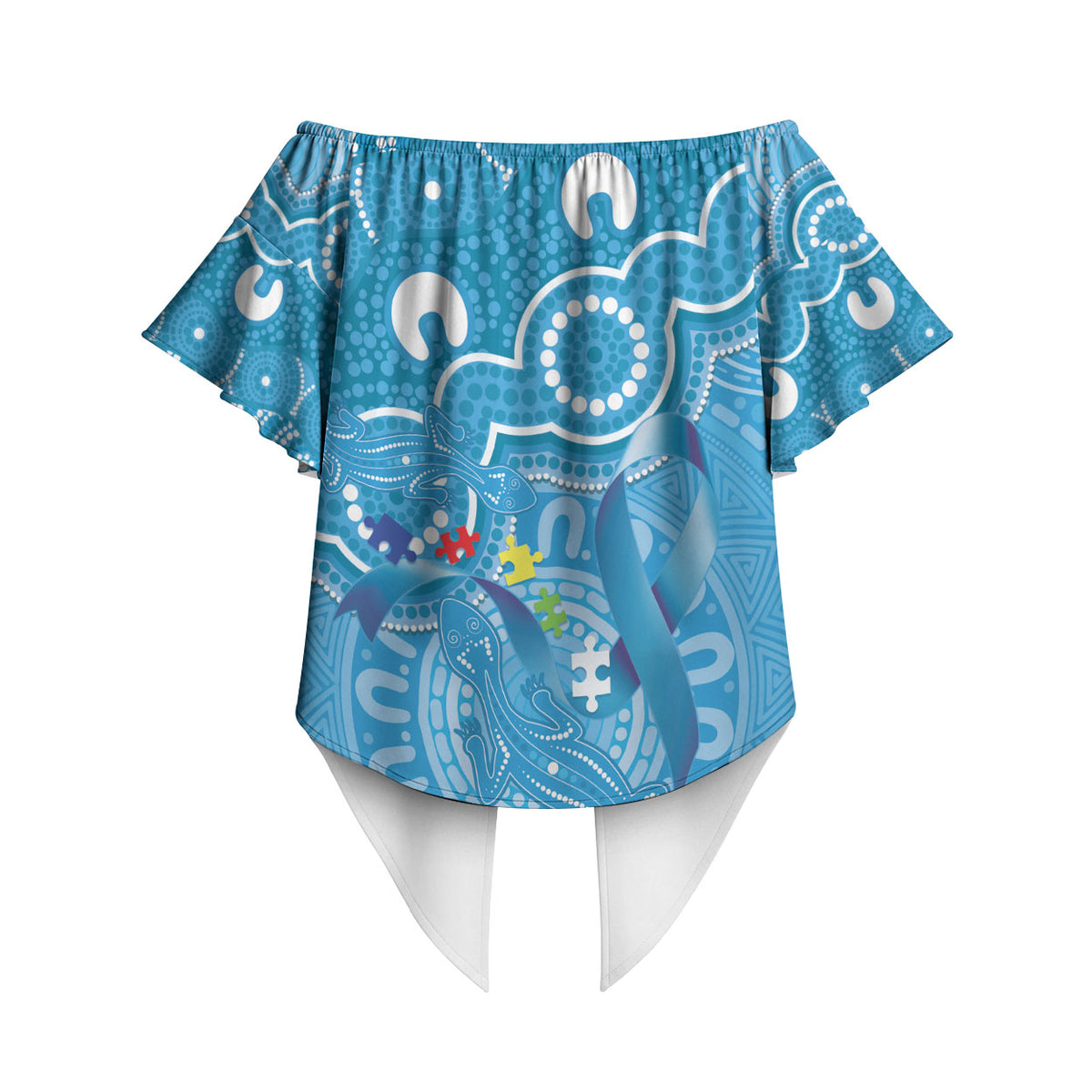 Australia Indigenous Off Shoulder Wrap Waist Top Blue Ribbon Lizards Autism Support