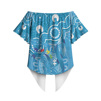 Australia Indigenous Off Shoulder Wrap Waist Top Blue Ribbon Lizards Autism Support
