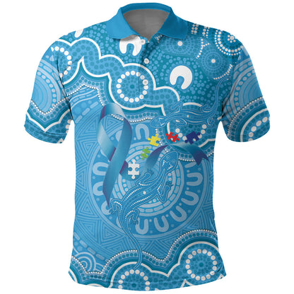 Australia Indigenous Polo Shirt Blue Ribbon Lizards Autism Support