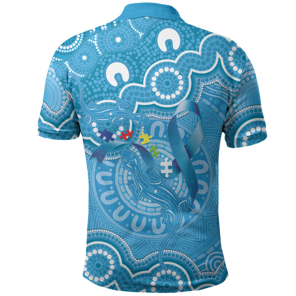 Australia Indigenous Polo Shirt Blue Ribbon Lizards Autism Support