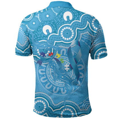 Australia Indigenous Polo Shirt Blue Ribbon Lizards Autism Support