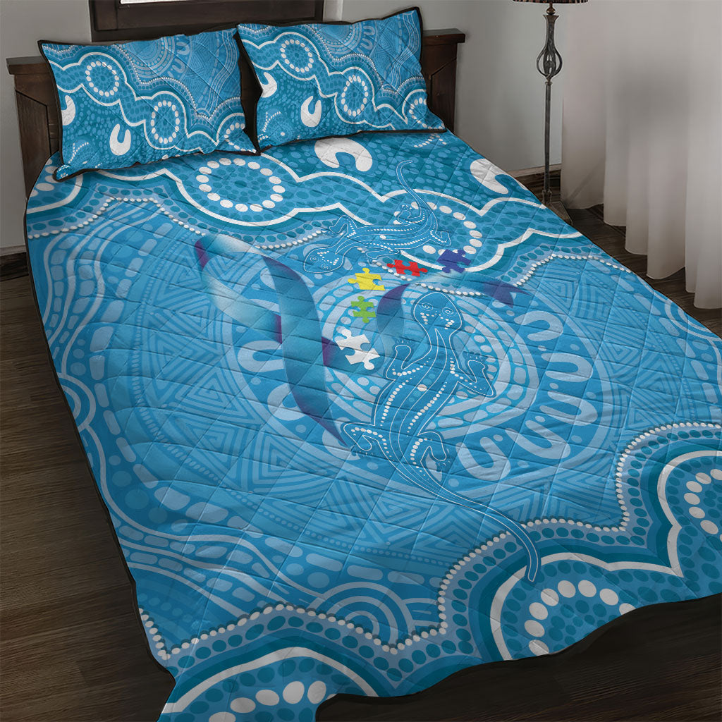 Australia Indigenous Quilt Bed Set Blue Ribbon Lizards Autism Support
