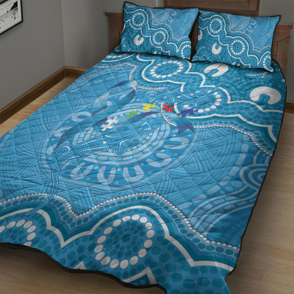 Australia Indigenous Quilt Bed Set Blue Ribbon Lizards Autism Support