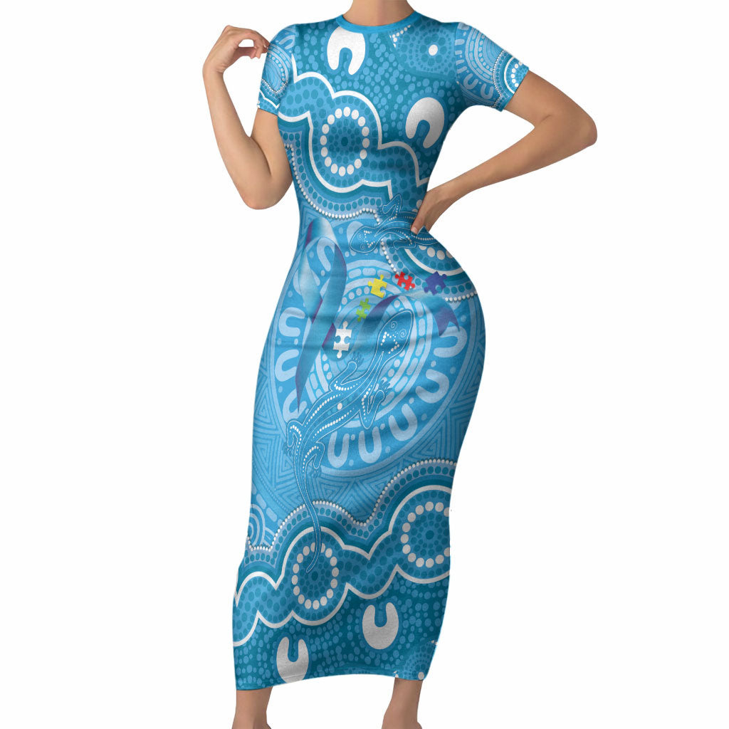 Australia Indigenous Short Sleeve Bodycon Dress Blue Ribbon Lizards Autism Support