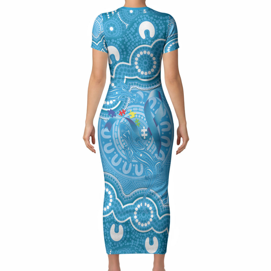 Australia Indigenous Short Sleeve Bodycon Dress Blue Ribbon Lizards Autism Support