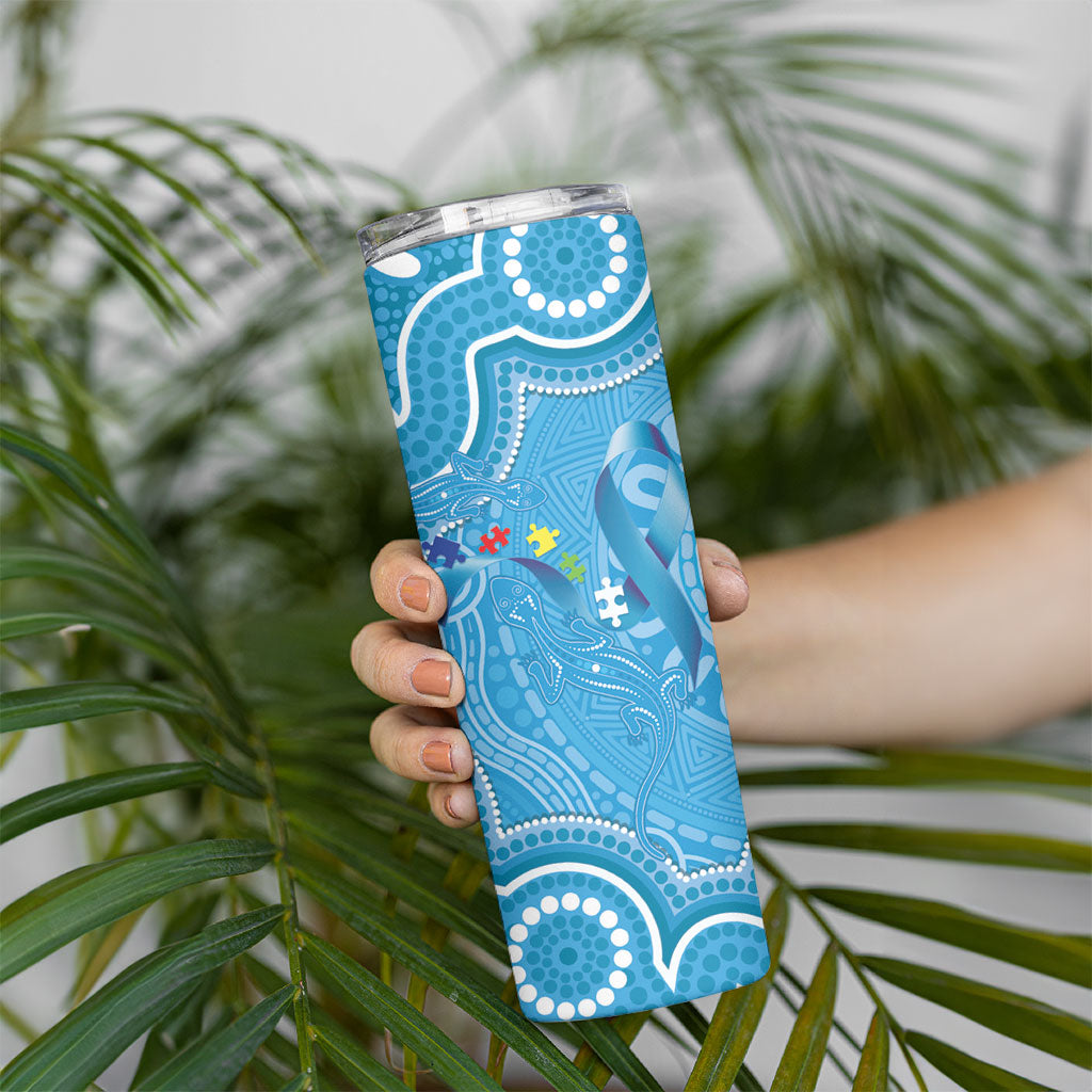 Australia Indigenous Skinny Tumbler Blue Ribbon Lizards Autism Support