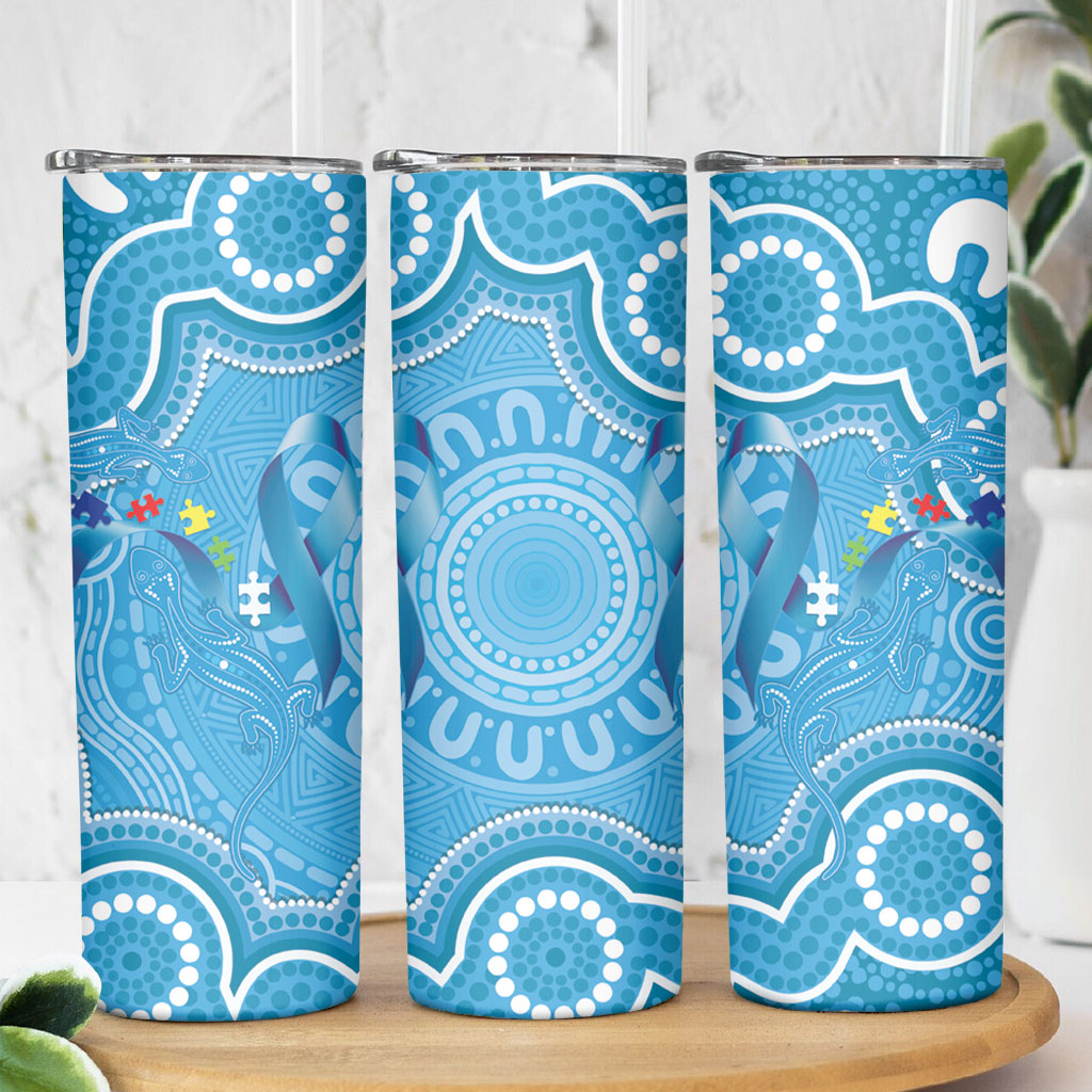 Australia Indigenous Skinny Tumbler Blue Ribbon Lizards Autism Support