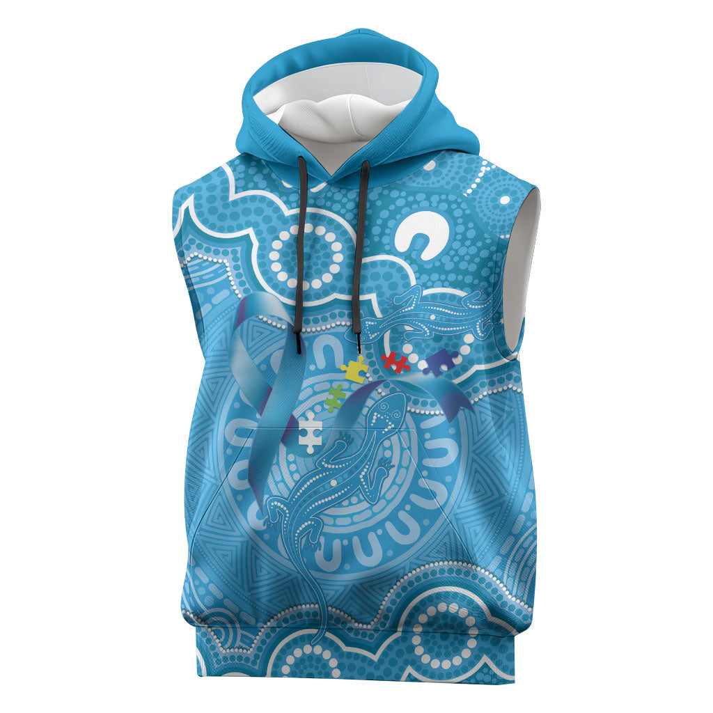Australia Indigenous Sleeveless Hoodie Blue Ribbon Lizards Autism Support