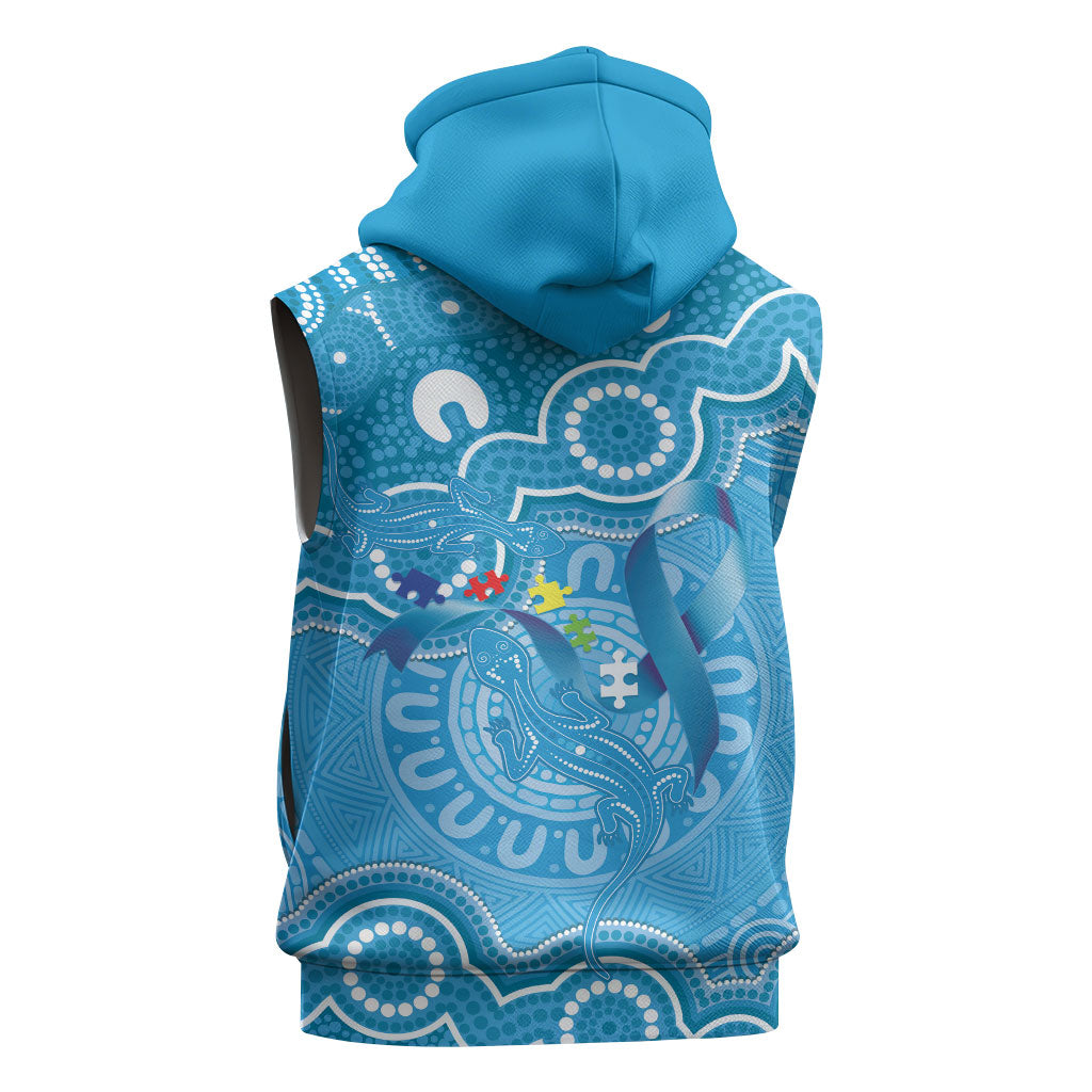 Australia Indigenous Sleeveless Hoodie Blue Ribbon Lizards Autism Support