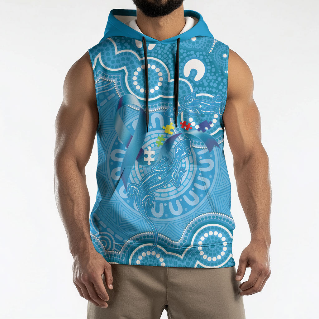 Australia Indigenous Sleeveless Hoodie Blue Ribbon Lizards Autism Support