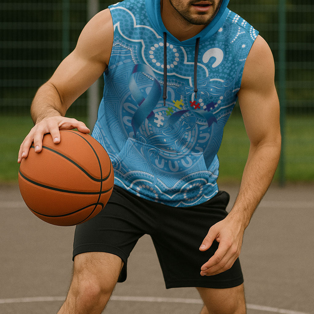 Australia Indigenous Sleeveless Hoodie Blue Ribbon Lizards Autism Support