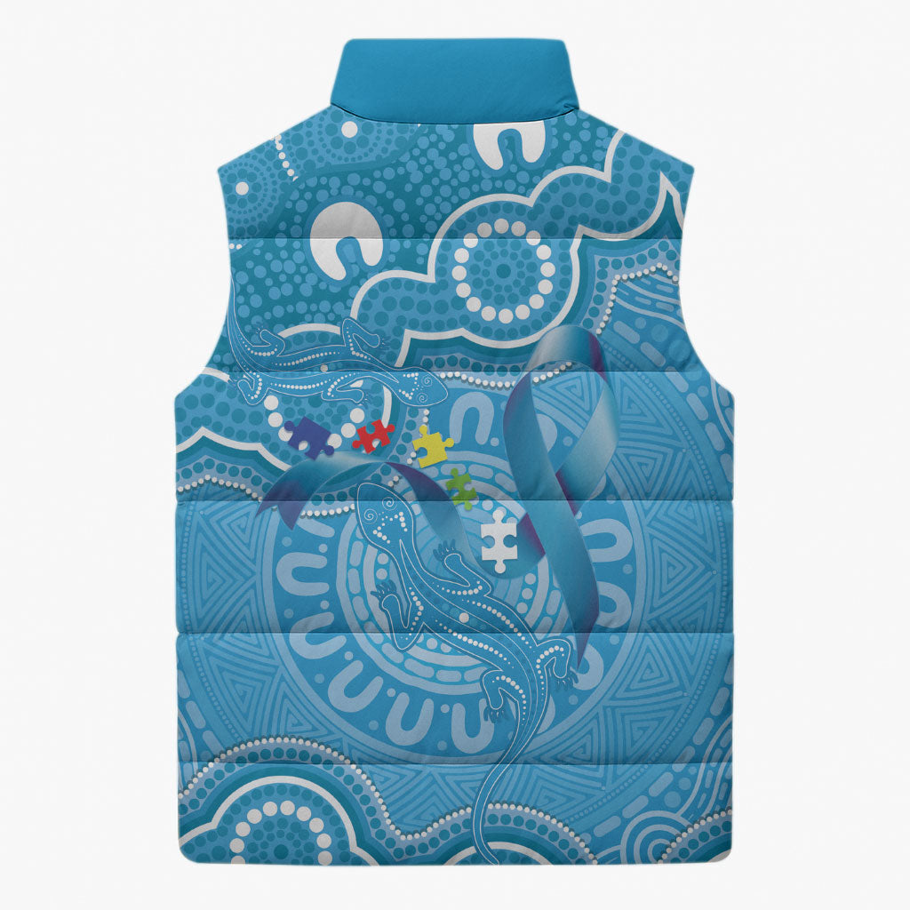 Australia Indigenous Sleeveless Puffer Jacket Blue Ribbon Lizards Autism Support