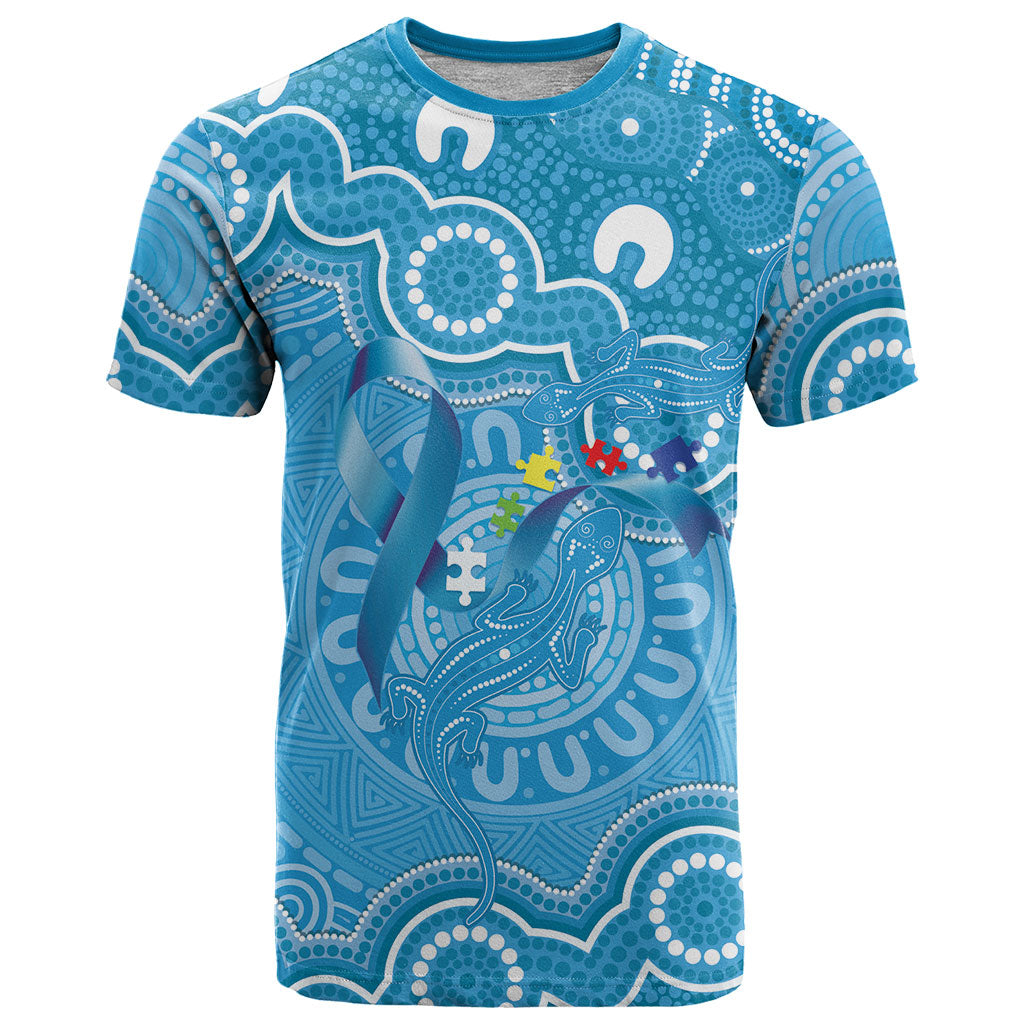 Australia Indigenous T Shirt Blue Ribbon Lizards Autism Support