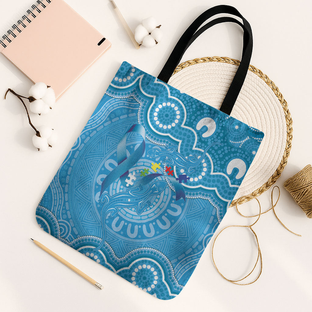 Australia Indigenous Tote Bag Blue Ribbon Lizards Autism Support