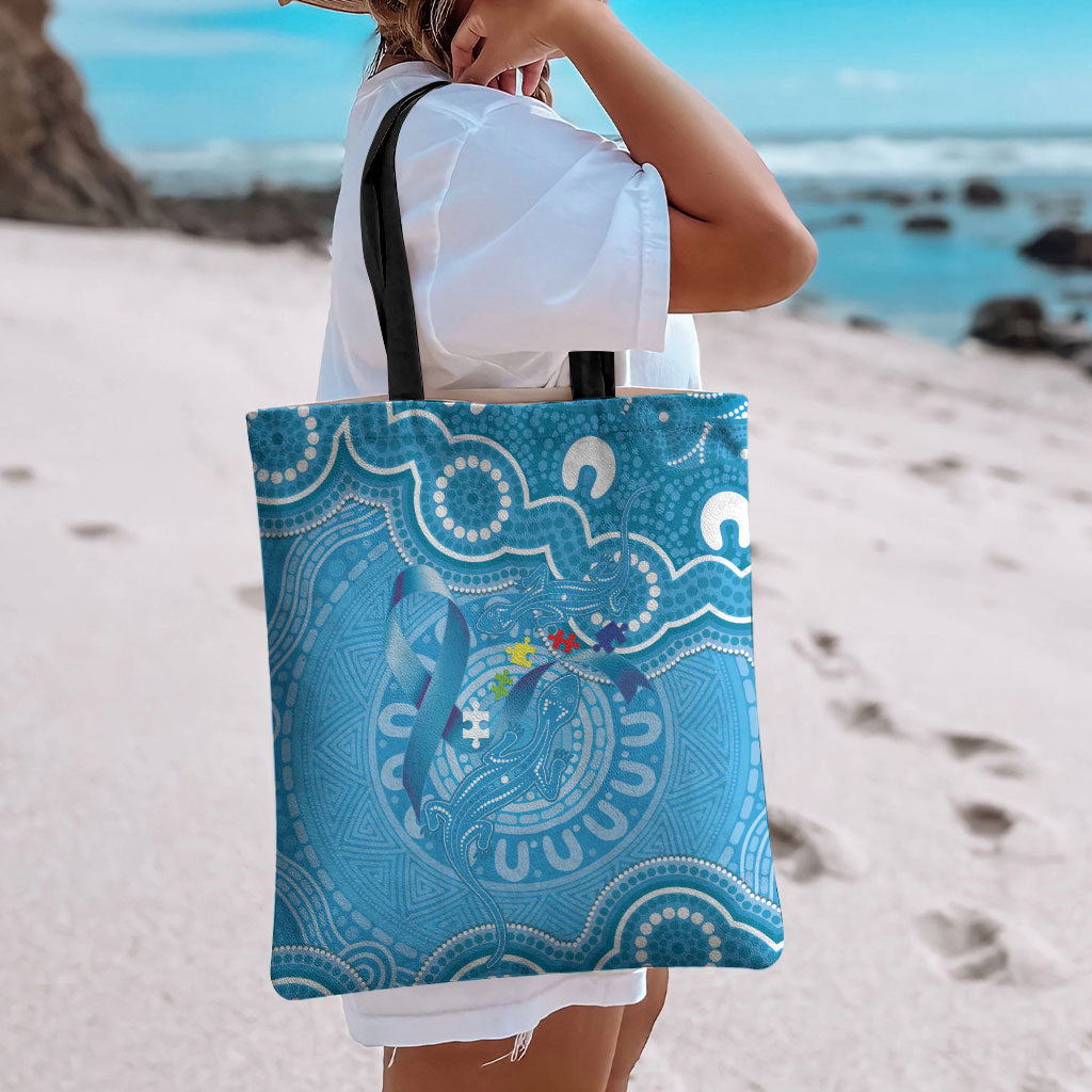 Australia Indigenous Tote Bag Blue Ribbon Lizards Autism Support