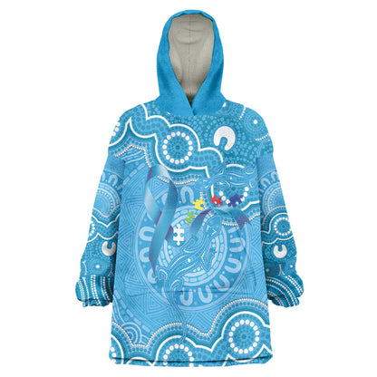 Australia Indigenous Wearable Blanket Hoodie Blue Ribbon Lizards Autism Support