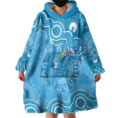 Australia Indigenous Wearable Blanket Hoodie Blue Ribbon Lizards Autism Support
