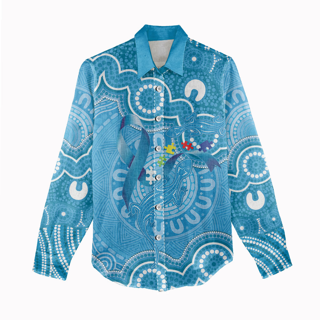 Australia Indigenous Women Casual Shirt Blue Ribbon Lizards Autism Support