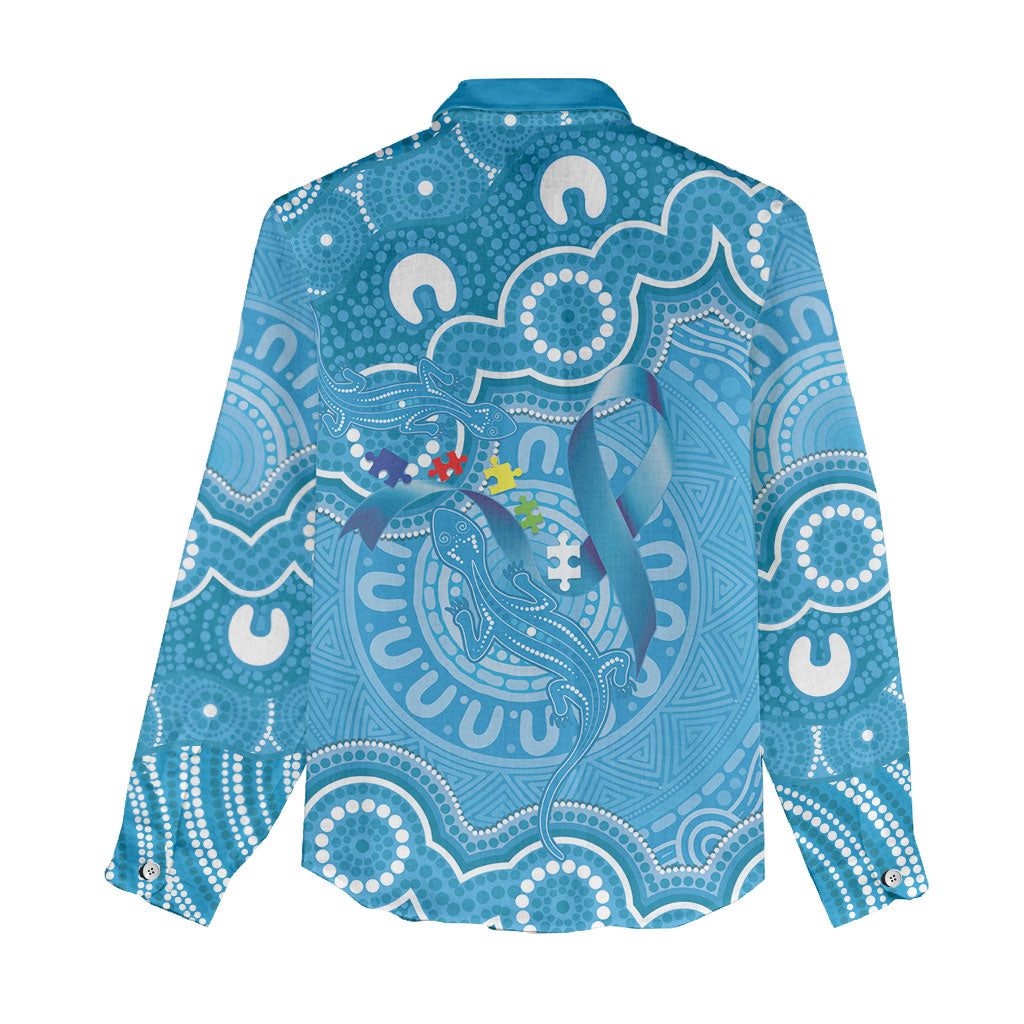 Australia Indigenous Women Casual Shirt Blue Ribbon Lizards Autism Support