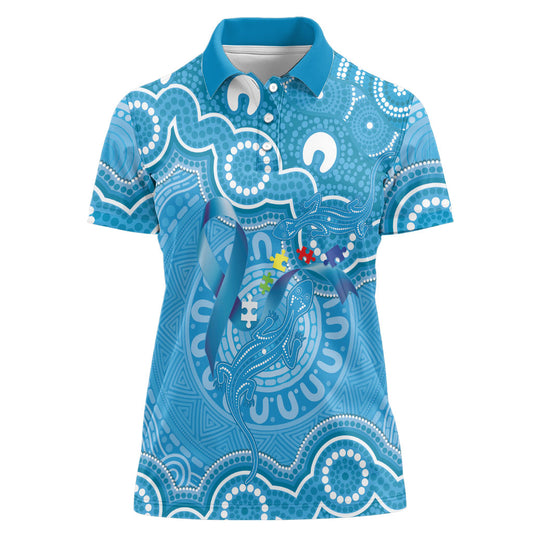 Australia Indigenous Women Polo Shirt Blue Ribbon Lizards Autism Support