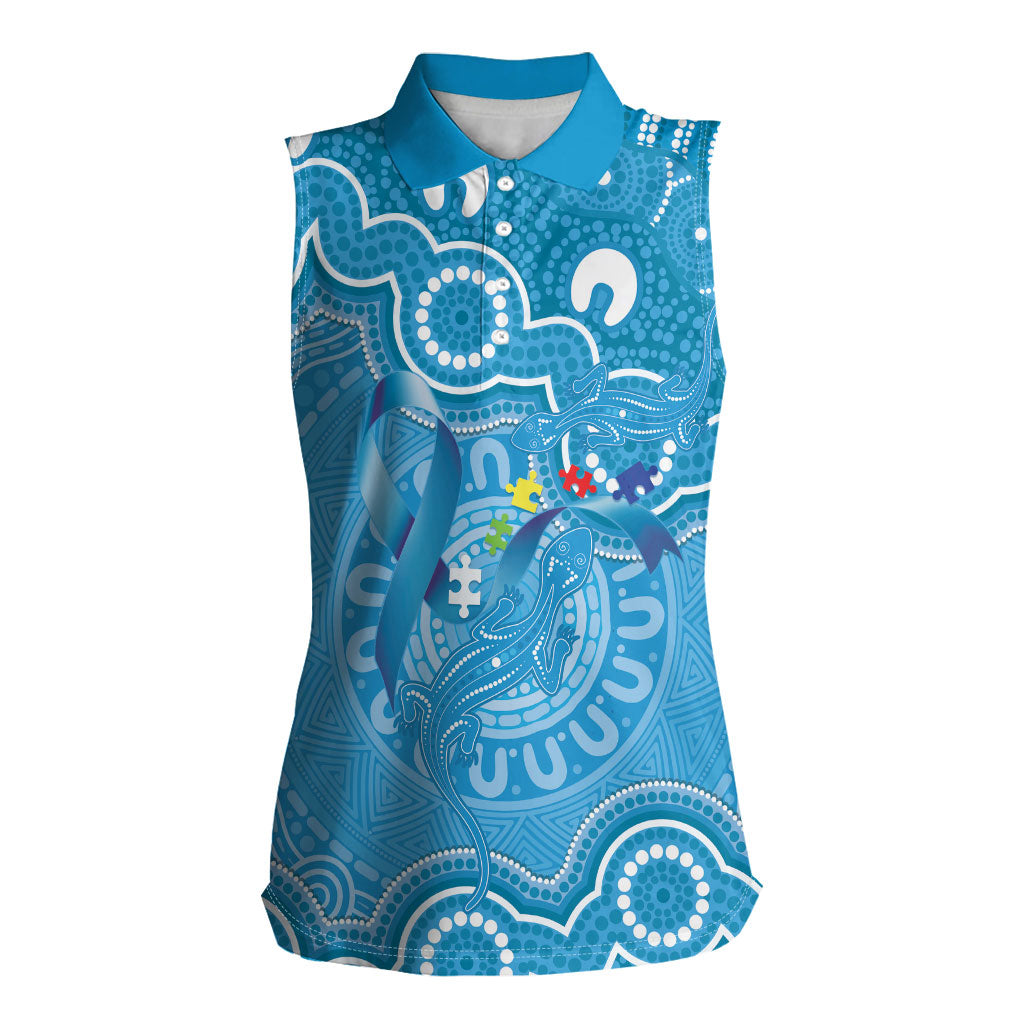 Australia Indigenous Women Sleeveless Polo Shirt Blue Ribbon Lizards Autism Support