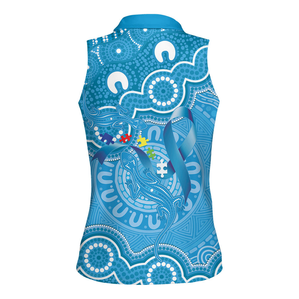 Australia Indigenous Women Sleeveless Polo Shirt Blue Ribbon Lizards Autism Support