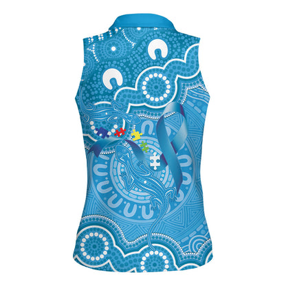 Australia Indigenous Women Sleeveless Polo Shirt Blue Ribbon Lizards Autism Support