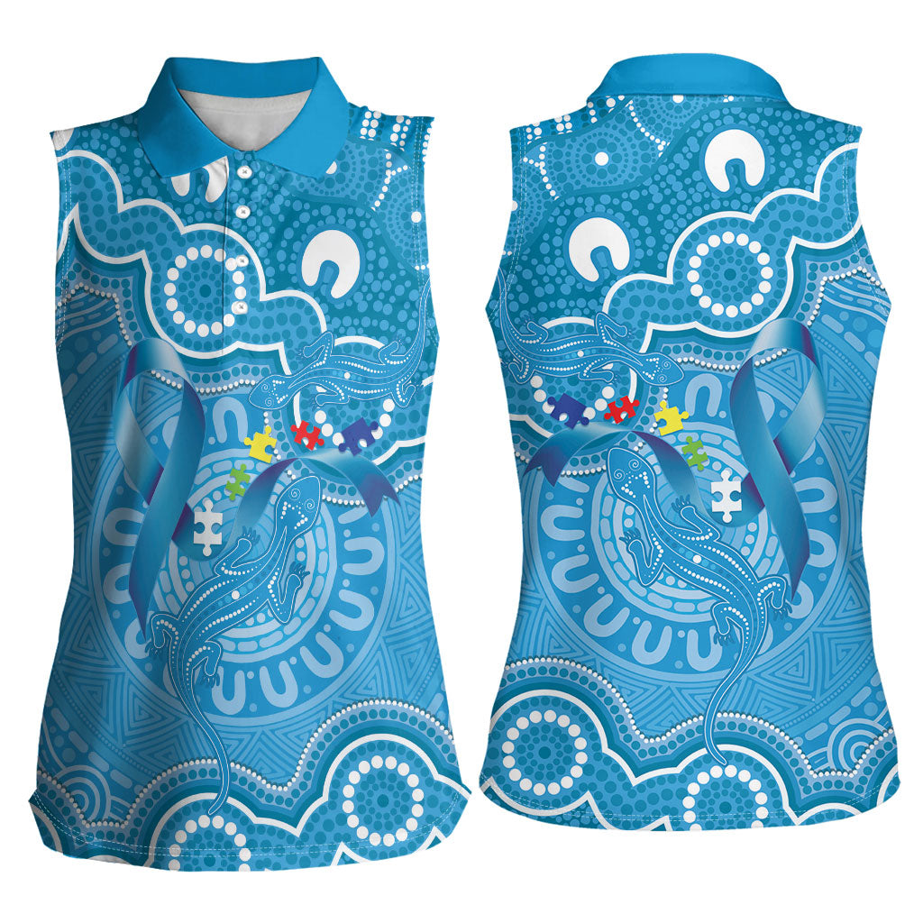 Australia Indigenous Women Sleeveless Polo Shirt Blue Ribbon Lizards Autism Support