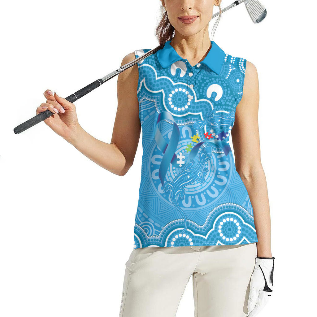 Australia Indigenous Women Sleeveless Polo Shirt Blue Ribbon Lizards Autism Support