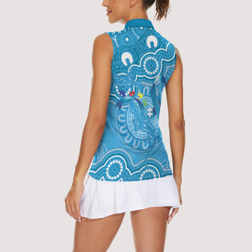 Australia Indigenous Women Sleeveless Polo Shirt Blue Ribbon Lizards Autism Support