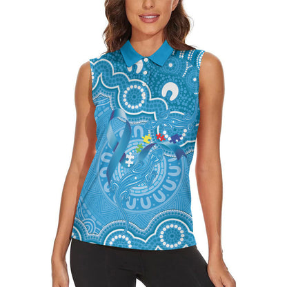 Australia Indigenous Women Sleeveless Polo Shirt Blue Ribbon Lizards Autism Support