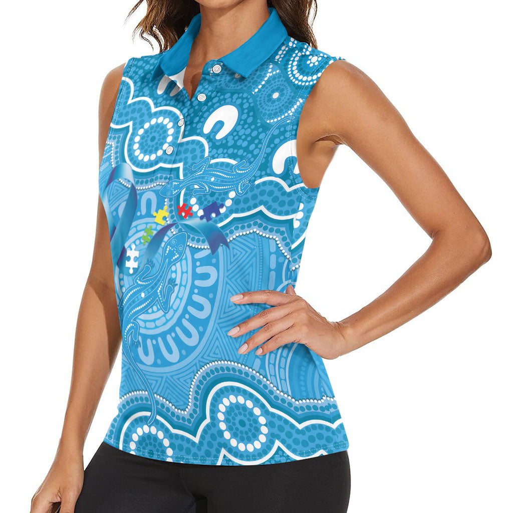 Australia Indigenous Women Sleeveless Polo Shirt Blue Ribbon Lizards Autism Support