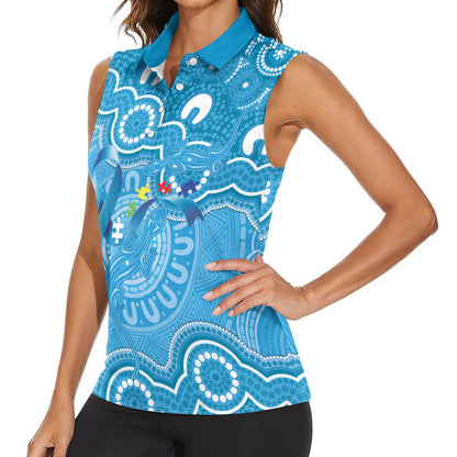 Australia Indigenous Women Sleeveless Polo Shirt Blue Ribbon Lizards Autism Support
