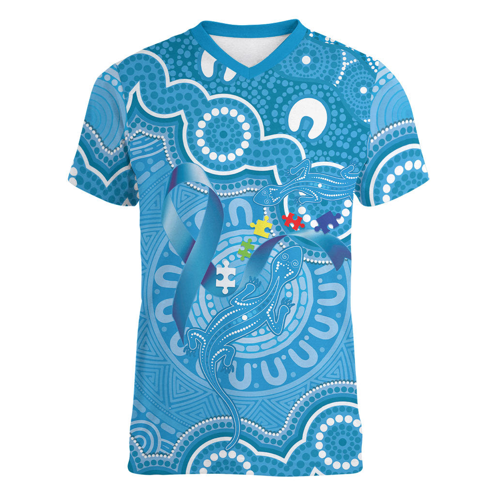 Australia Indigenous Women V-Neck T-Shirt Blue Ribbon Lizards Autism Support