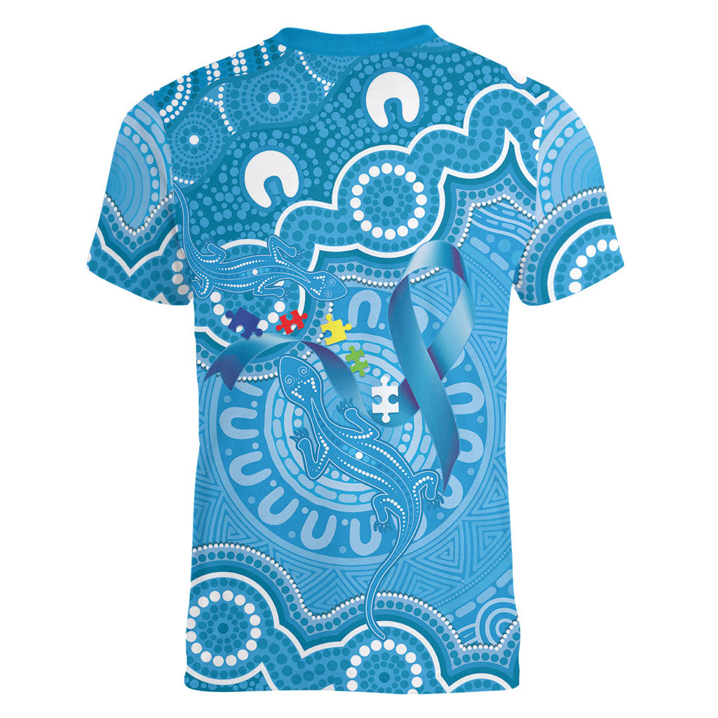 Australia Indigenous Women V-Neck T-Shirt Blue Ribbon Lizards Autism Support