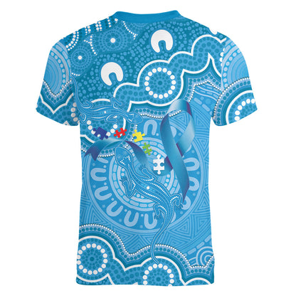 Australia Indigenous Women V-Neck T-Shirt Blue Ribbon Lizards Autism Support