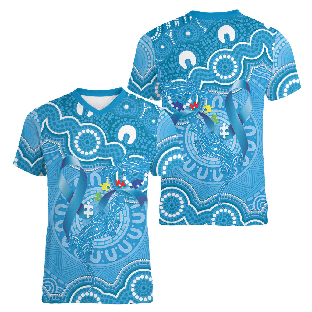 Australia Indigenous Women V-Neck T-Shirt Blue Ribbon Lizards Autism Support