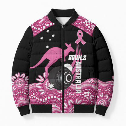 Bowls Australia Breast Cancer Custom Bomber Puffer Jacket Think Pink Aboriginal Art