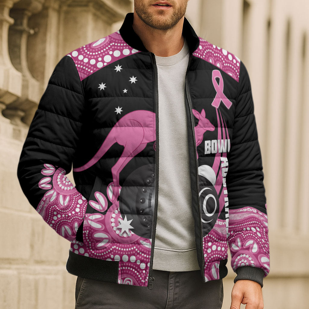 Bowls Australia Breast Cancer Custom Bomber Puffer Jacket Think Pink Aboriginal Art