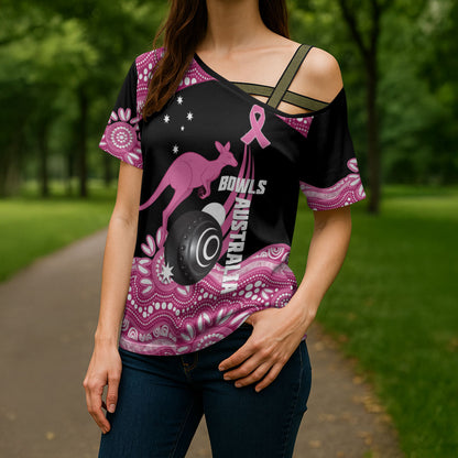 Bowls Australia Breast Cancer Custom Cross Shoulder Shirt Think Pink Aboriginal Art