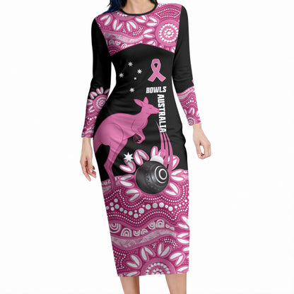 Bowls Australia Breast Cancer Custom Long Sleeve Bodycon Dress Think Pink Aboriginal Art
