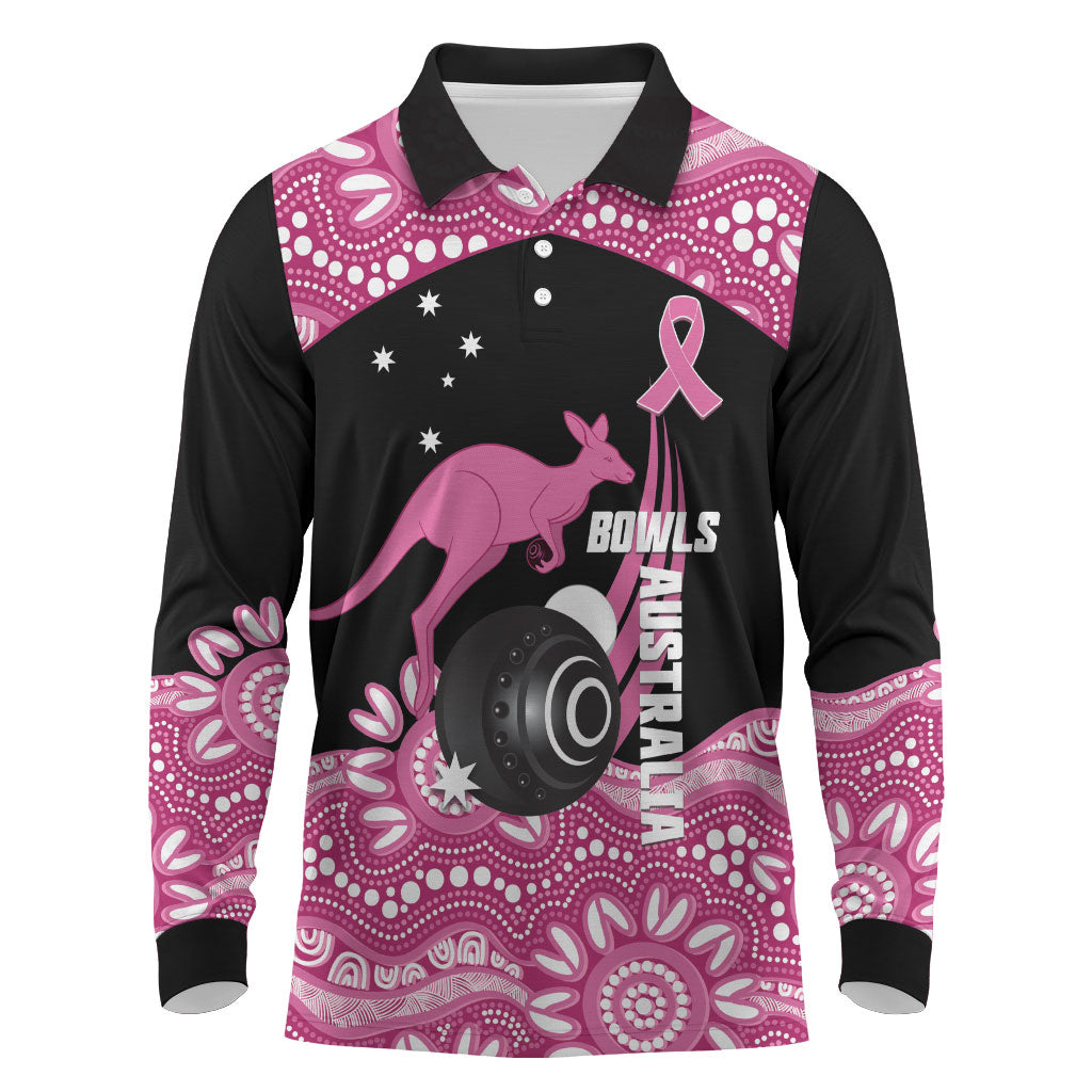 Bowls Australia Breast Cancer Custom Long Sleeve Polo Shirt Think Pink Aboriginal Art