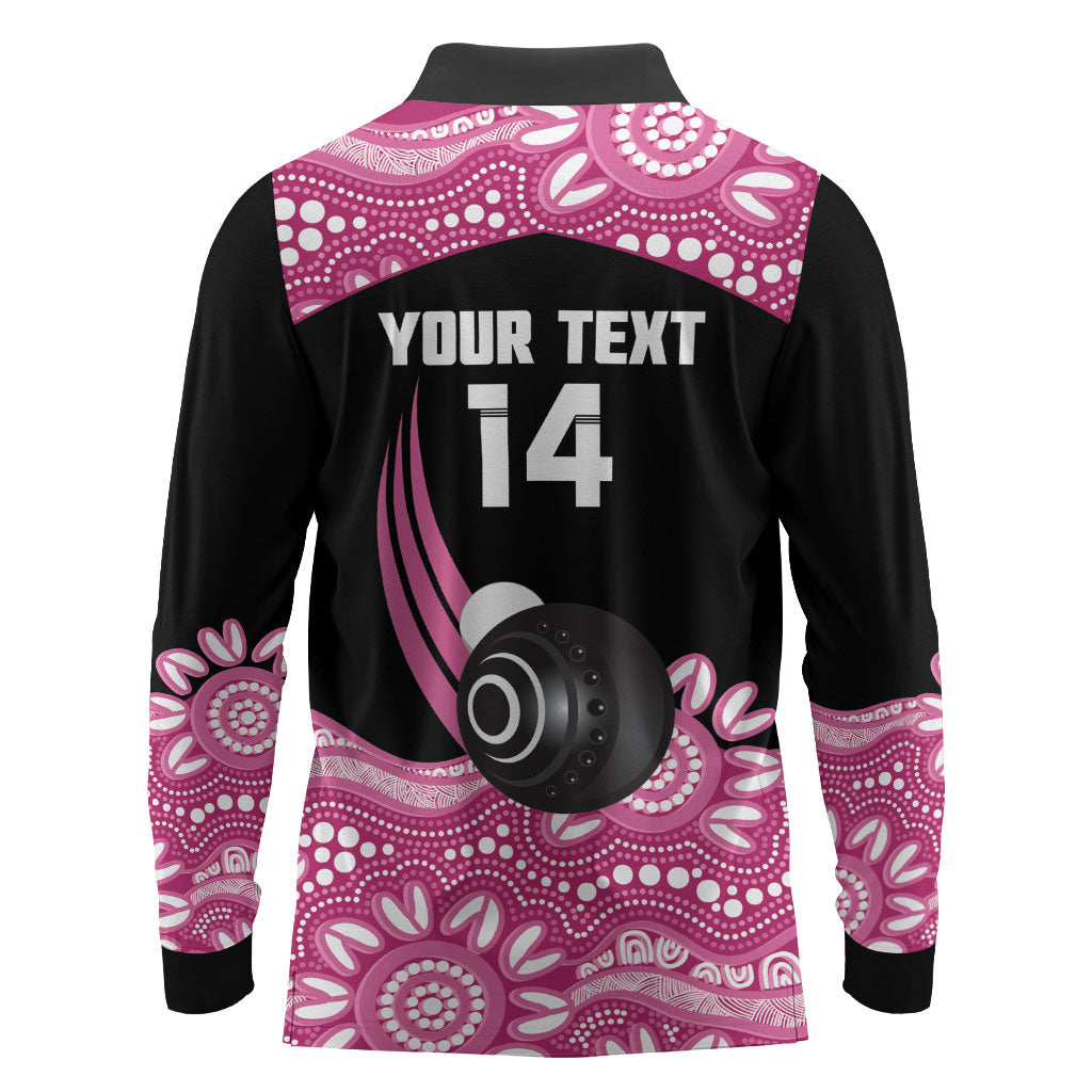 Bowls Australia Breast Cancer Custom Long Sleeve Polo Shirt Think Pink Aboriginal Art