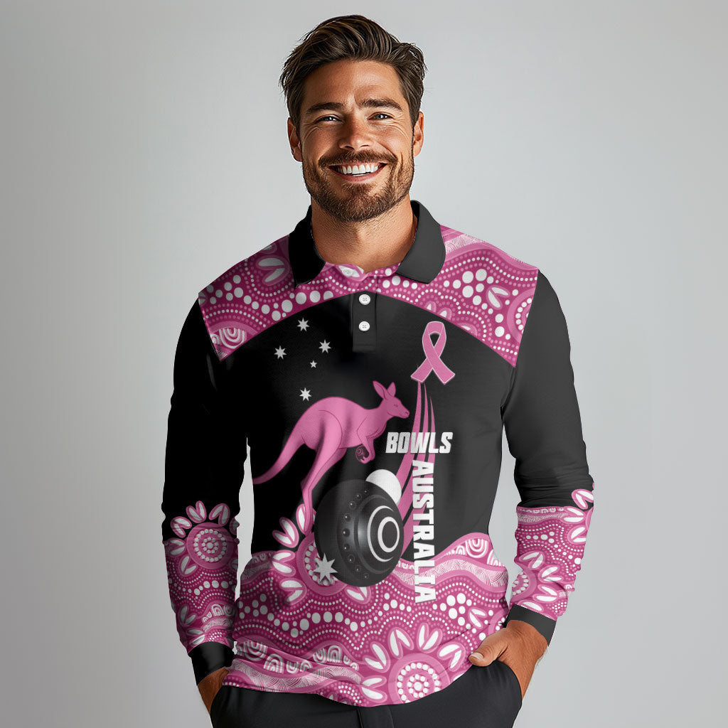 Bowls Australia Breast Cancer Custom Long Sleeve Polo Shirt Think Pink Aboriginal Art