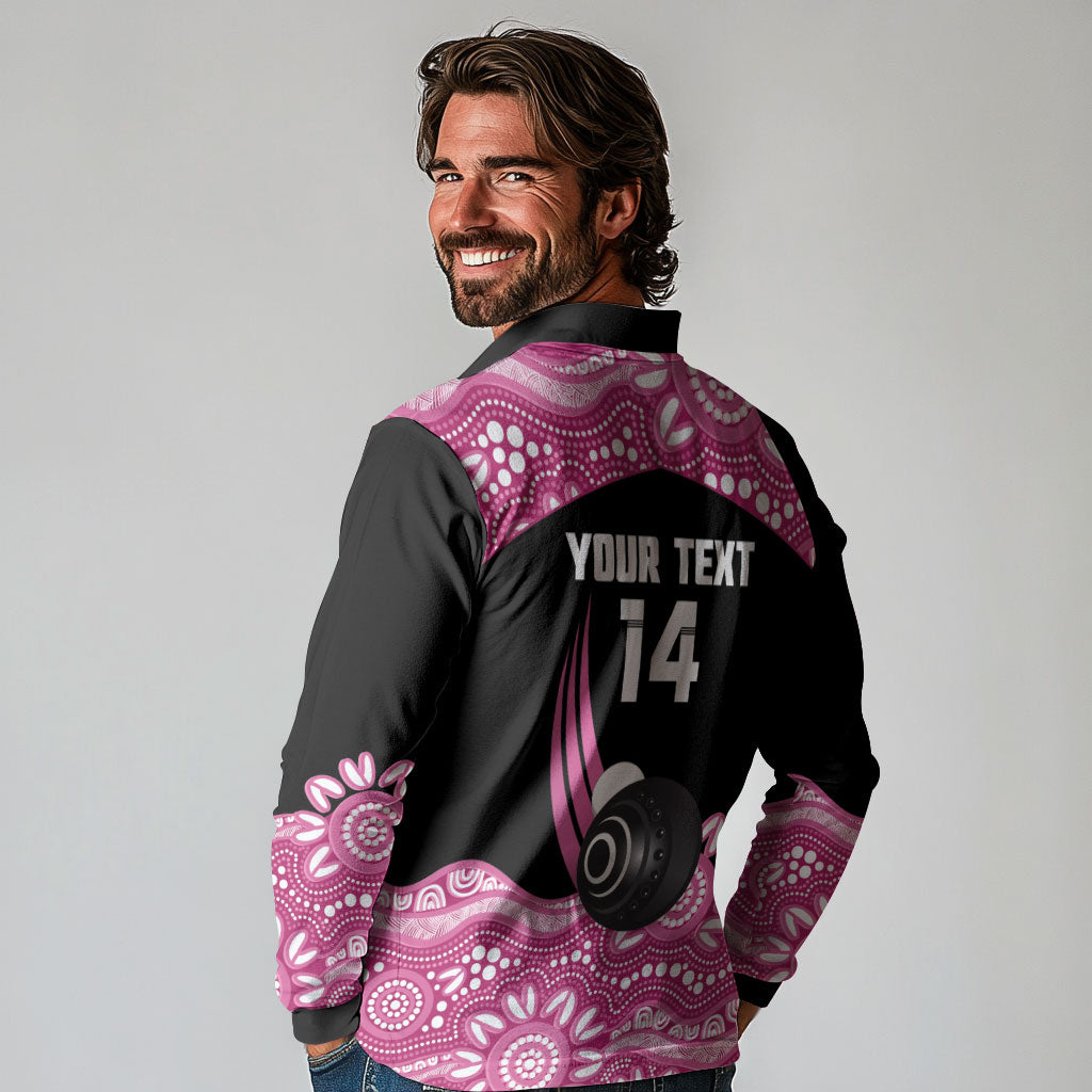 Bowls Australia Breast Cancer Custom Long Sleeve Polo Shirt Think Pink Aboriginal Art