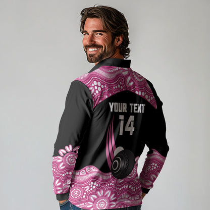 Bowls Australia Breast Cancer Custom Long Sleeve Polo Shirt Think Pink Aboriginal Art