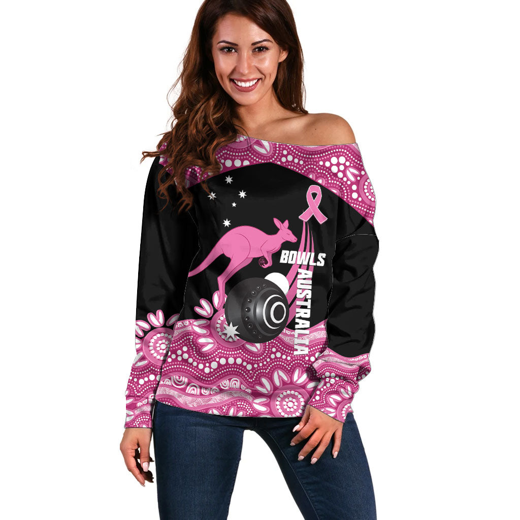 Bowls Australia Breast Cancer Custom Off Shoulder Sweater Think Pink Aboriginal Art