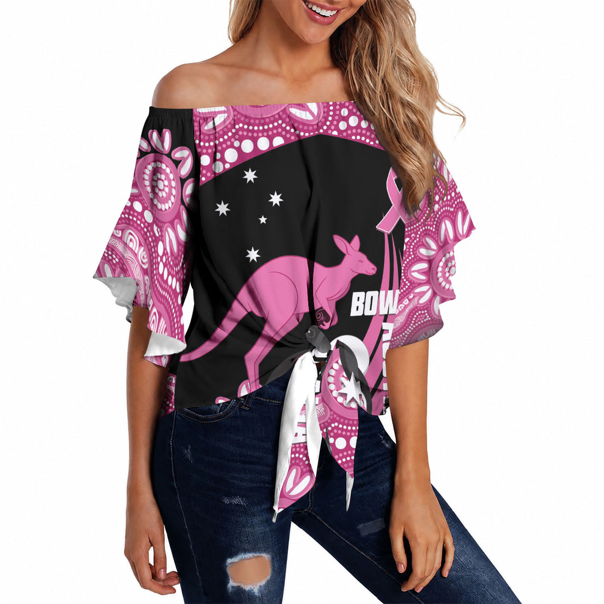 Bowls Australia Breast Cancer Custom Off Shoulder Wrap Waist Top Think Pink Aboriginal Art