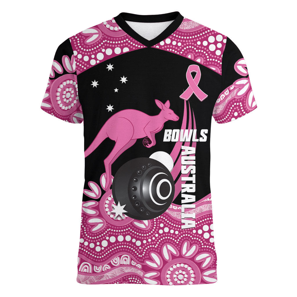 Bowls Australia Breast Cancer Custom Women V-Neck T-Shirt Think Pink Aboriginal Art