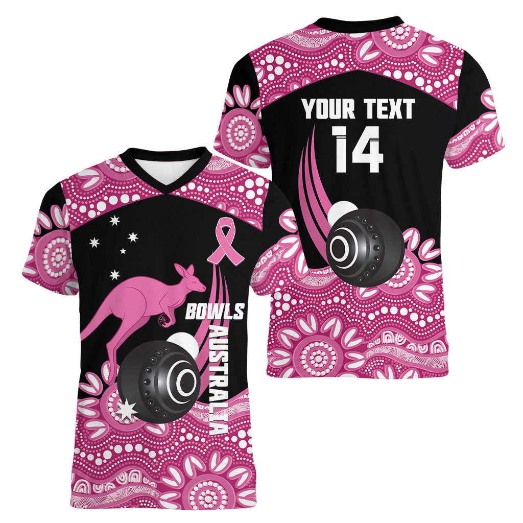 Bowls Australia Breast Cancer Custom Women V-Neck T-Shirt Think Pink Aboriginal Art